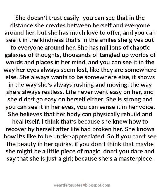 Heartfelt  Love And Life Quotes: She doesn’t trust easily
