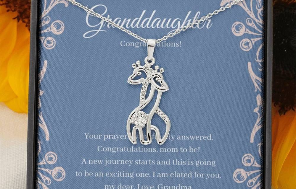 Love Giraffe Necklace, Pregnancy Gift for grandaughter, Baby Shower Gift for Mama to be, Expecting Mother gift – 14K White Gold Finish